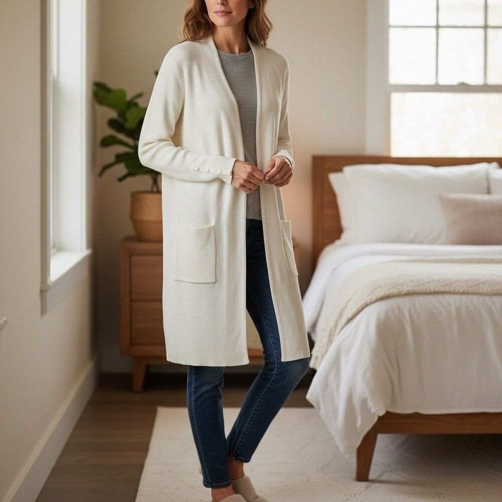 Chico's Ivory Ribbed Knit Cardigan Sz 3(XL) Long Open Pockets
